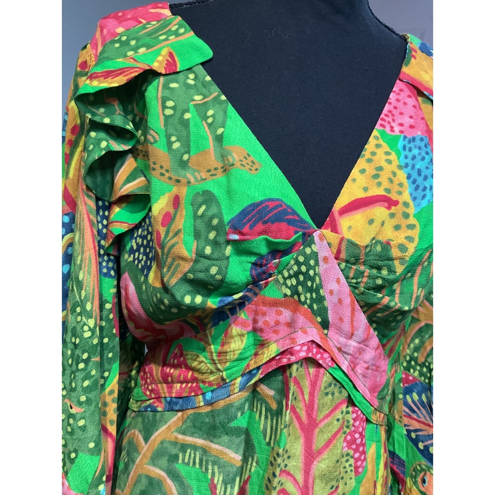 Farm Rio Tropical Midi Dress Womens M Green Multi Excellent Ruffle V-Neck - Picture 5 of 5
